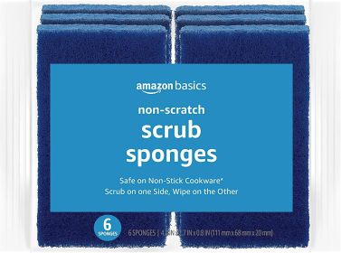 Basics Non-Scratch Scrub Sponges, Safe on Non-stick Cookware, Blue, 6 Count