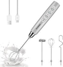 Rechargeable Milk Frother Handheld with 3 Heads, Silver Coffee Electric Whisk Drink Foam Mixer, Mini Hand Stirrer with 3 Speeds Adjustable for La