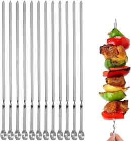 12PCS Kabob Skewers Flat Metal BBQ Barbecue Skewer 14" Long Stainless Steel Shish Kebob Sticks Wide Reusable Grilling Skewers Set for Meat Shrimp