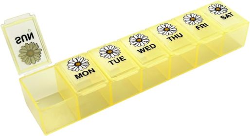 Weekly (7-Day) Daily Pill Case, Medicine Planner, Vitamin Organizer, Supplement Container, Large Compartments, Yellow Daisy Days Design, Easy-to-