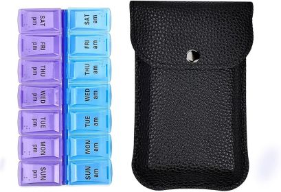 Travel Pill Organizer 2 Times a Day, PU Leather Portable Pill Case for Women/Men