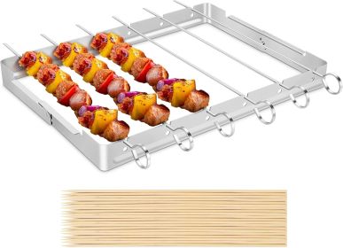 Stainless Steel BBQ Shish Kabob Set, Foldable Shish Kabob Holder with 6pcs 13"L Skewers, Reusable Grill Rack
