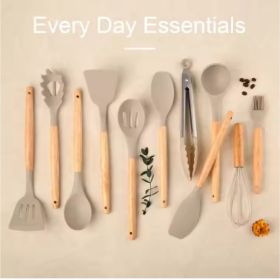 Non-Stick Silicon 12 Pcs Heat Resistant Wooden Handle Kitchen Cooking Utensils Set, Khaki Color (Option: Khaki)