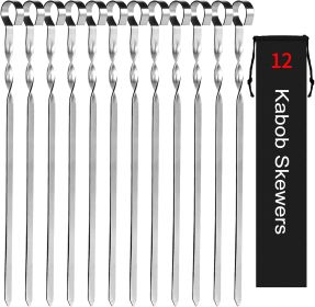 Kabob Skewers 14" Stainless Steel Long BBQ Barbecue Skewers, Flat Metal Kebob Sticks Wide Reusable Grilling Skewers for Meat Chicken (Color: Sliver)